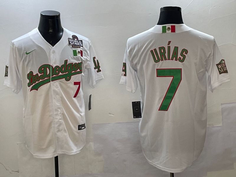 Men Los Angeles Dodgers #7 Urias White Green Game 2025 Nike MLB Jersey style 3201
